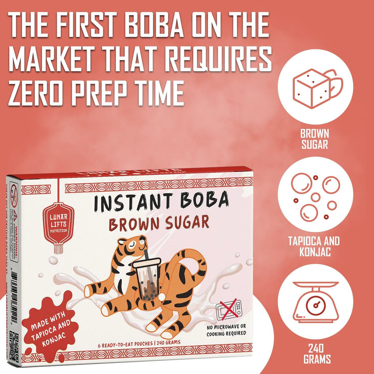 Lunar Lifts six-pack ready-to-eat pouches for quick boba toppings.