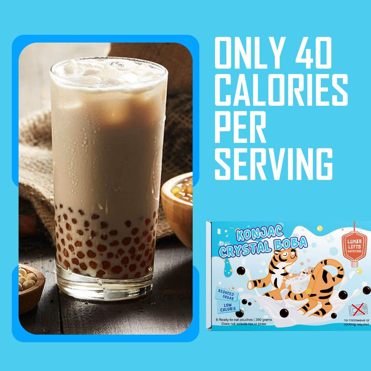 Lunar Lifts Konjac Boba pearls in a glass, perfect for tea and smoothies.