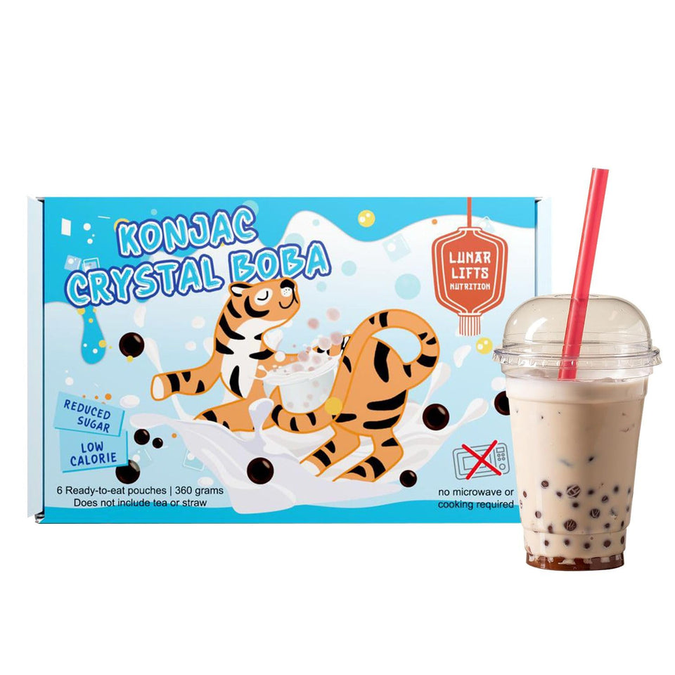 Lunar Lifts Konjac Crystal Boba pearls packaging closeup, a low-calorie indulgence for drinks.