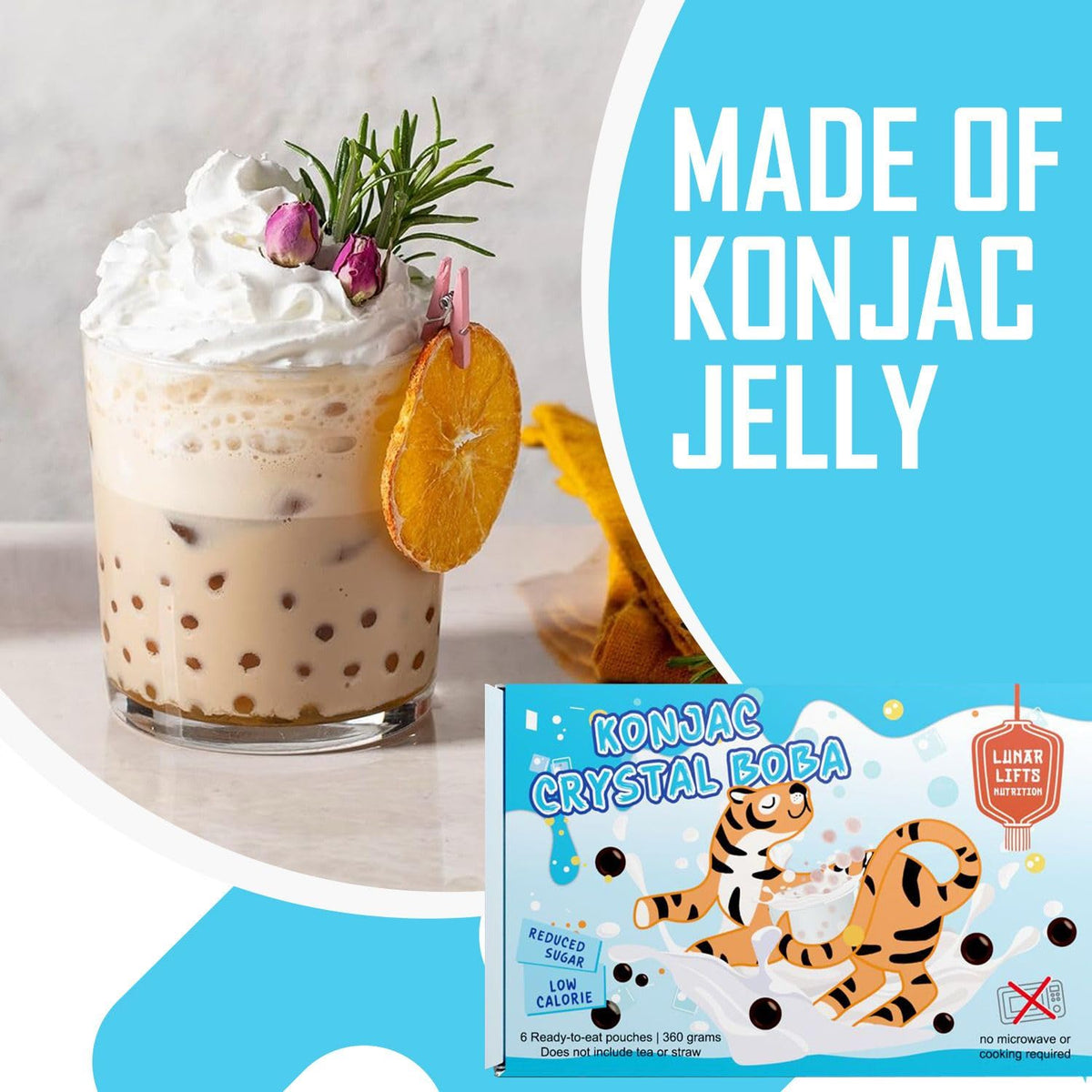 Lunar Lifts Konjac Boba pearls in a creamy drink, low calories, no artificial ingredients.