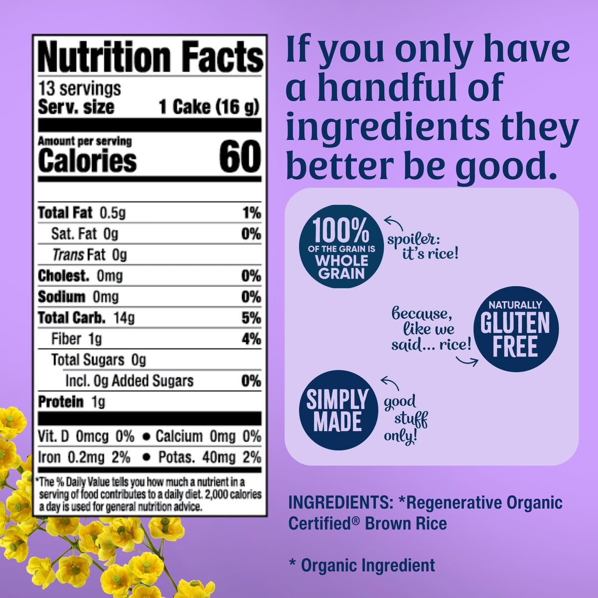Lundberg brown rice cakes non-GMO certified quality and purity.