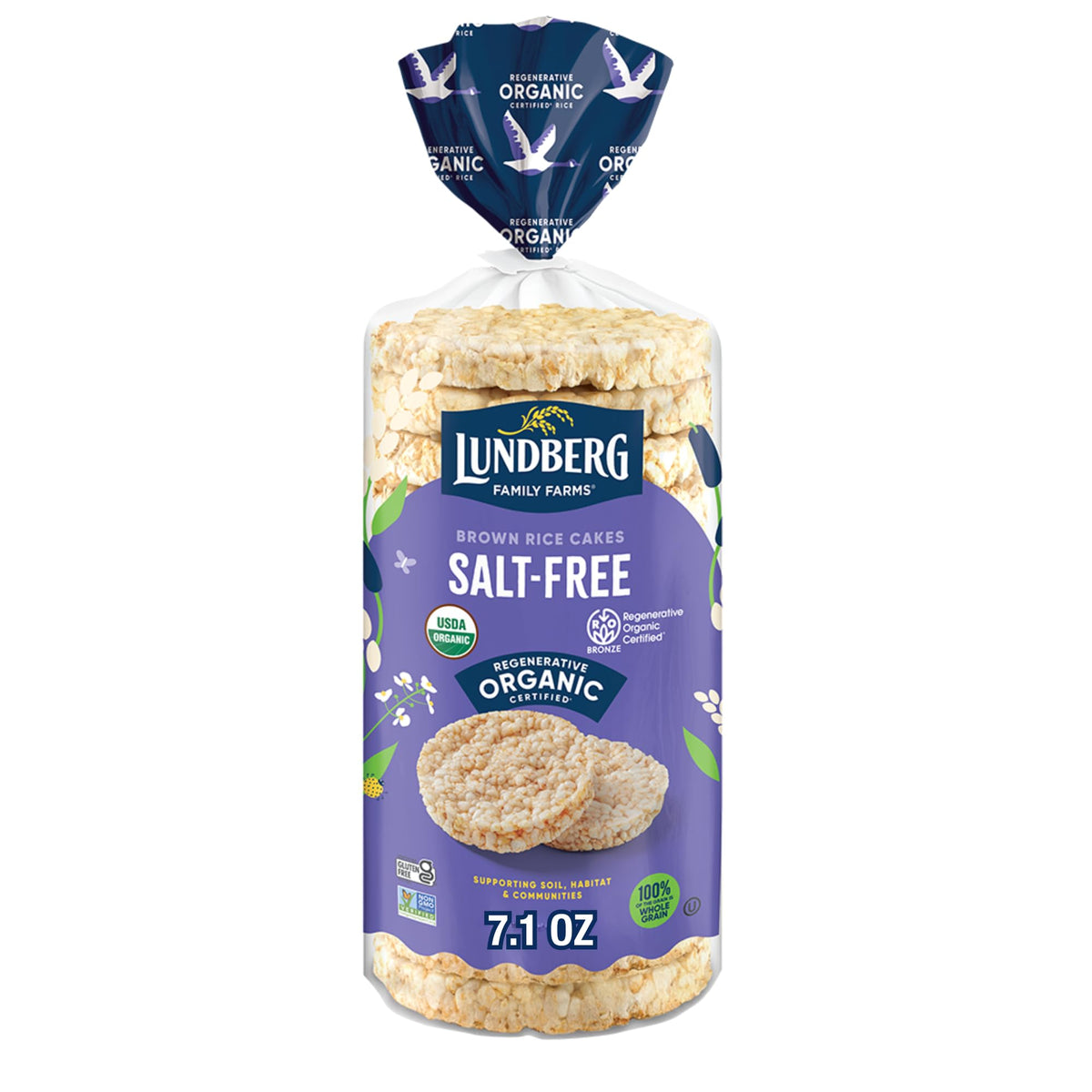 Lundberg brown rice cakes salt-free pack for wholesome snacking.