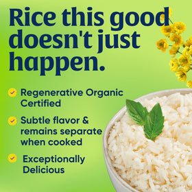 Lundberg California-grown rice field with sustainable farming label.