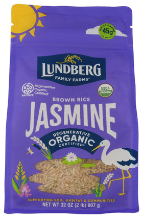 Lundberg Jasmine Brown Rice pack close-up showing organic branding and resealable packaging.