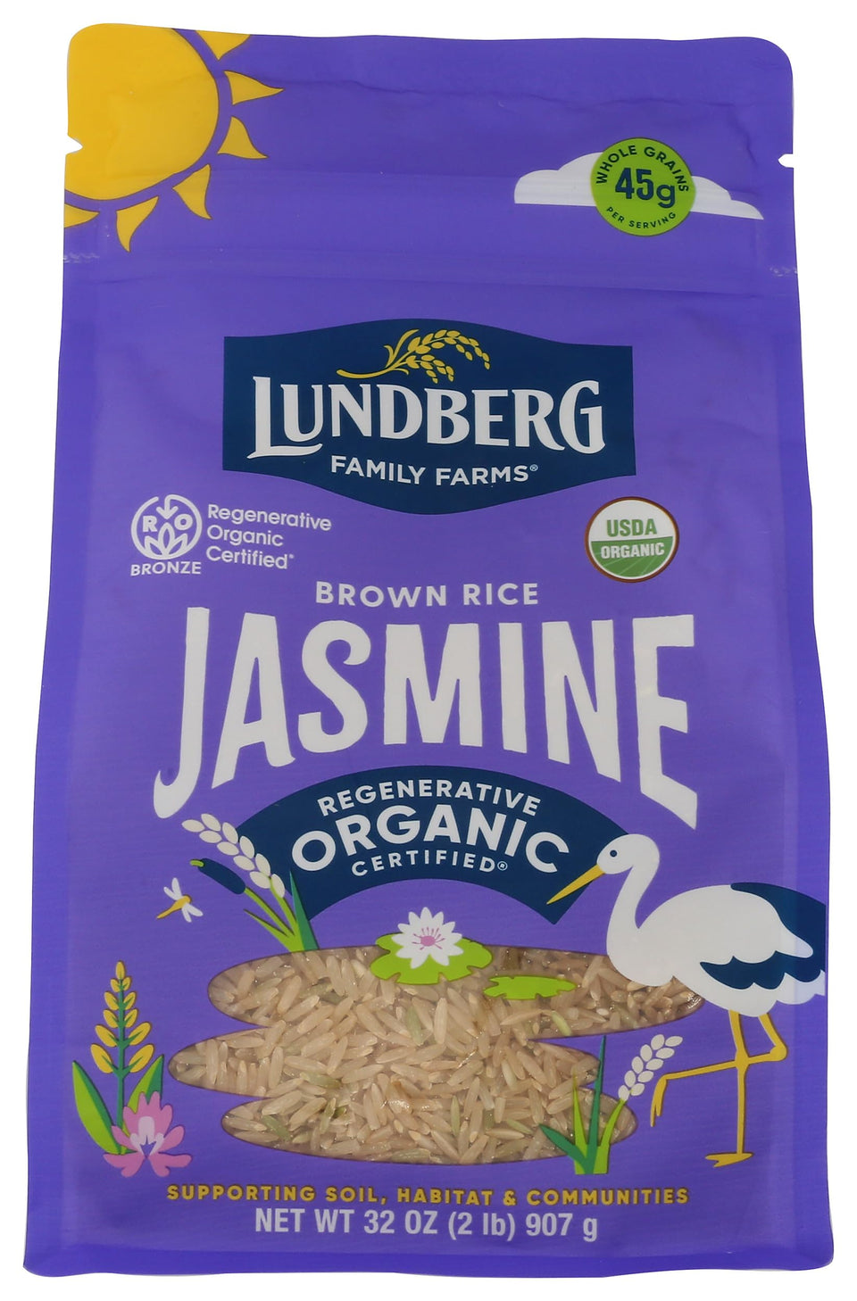 Lundberg Jasmine Brown Rice pack close-up showing organic branding and resealable packaging.