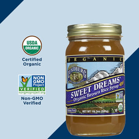 Lundberg Organic Brown Rice Syrup jar close-up reveals syrupy texture