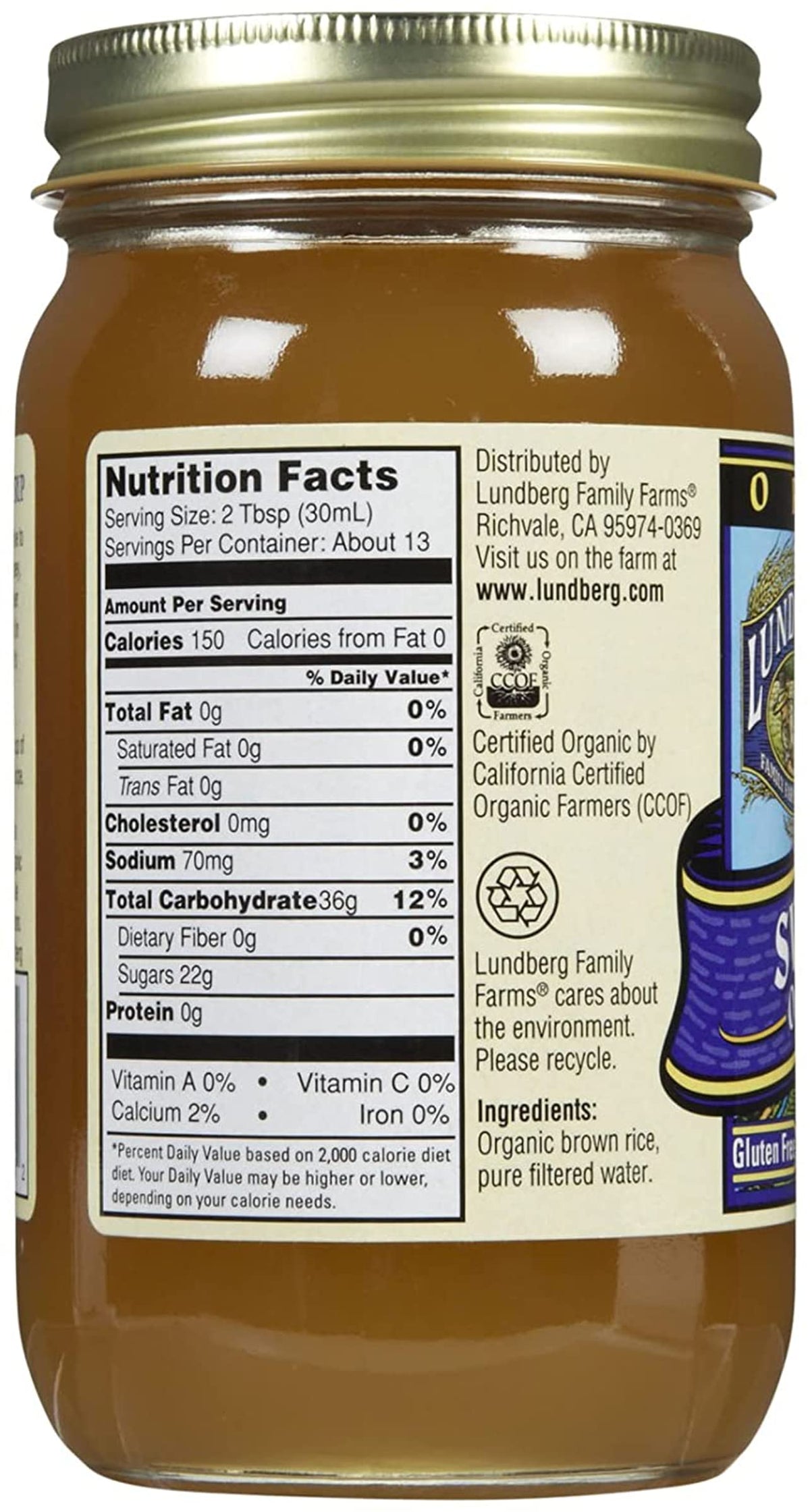 Lundberg Organic Brown Rice Syrup label highlighting organic ingredients