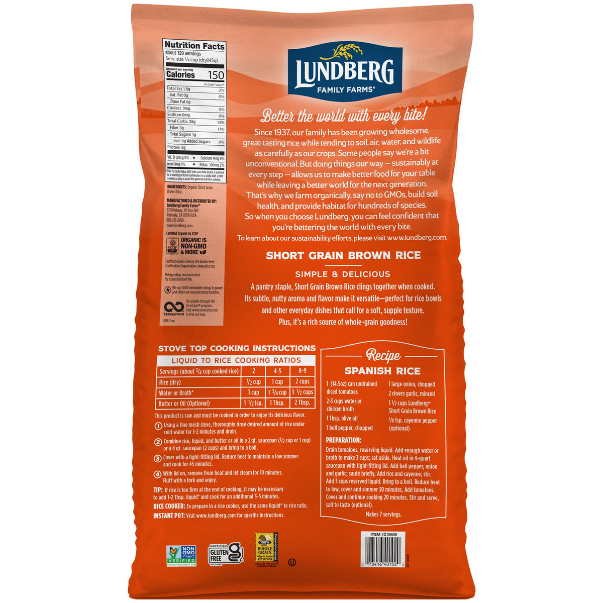 Lundberg Organic Short Grain Brown Rice cooked in a bowl showing a sticky, chewy texture.