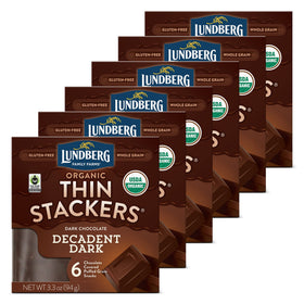Lundberg Organic Thin Stackers rice cake with decadent dark chocolate, quick energy-friendly snack