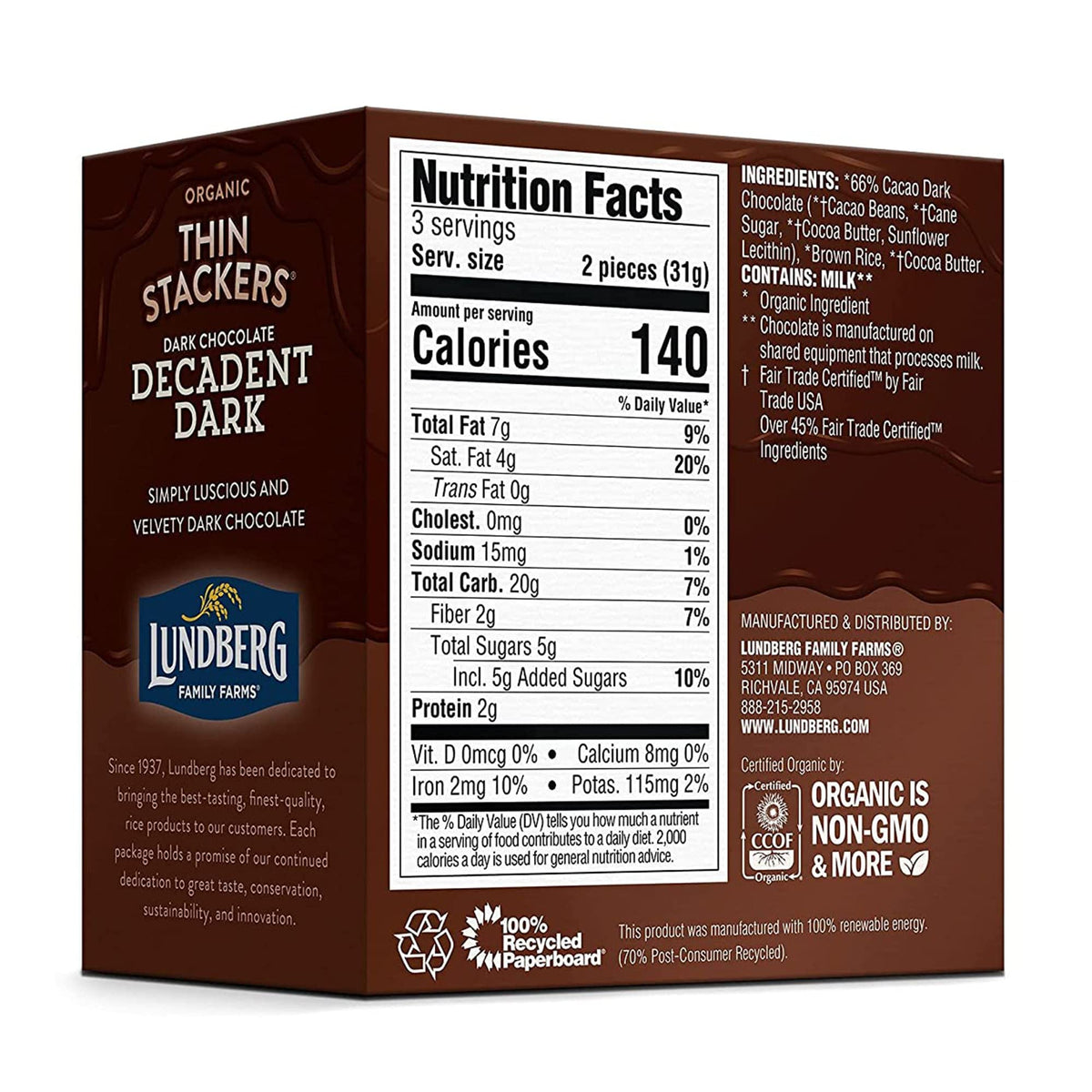 Lundberg thin stackers dark chocolate rice cake, convenient single-serve for on-the-go snacking