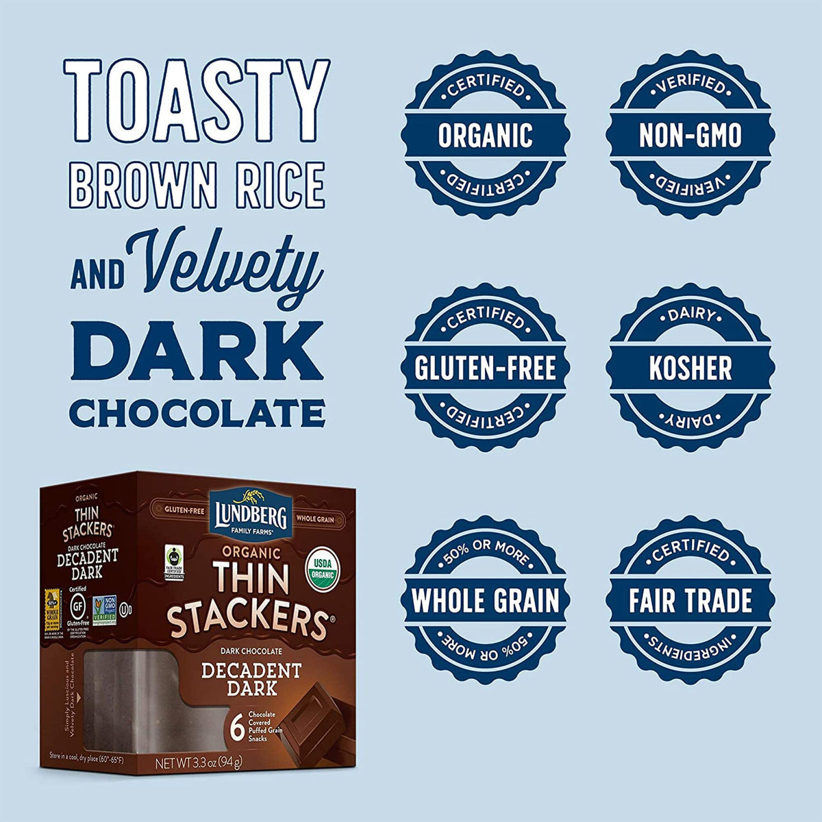 Lundberg Organic Thin Stackers rice cake with chocolate, ideal pairing with fruit