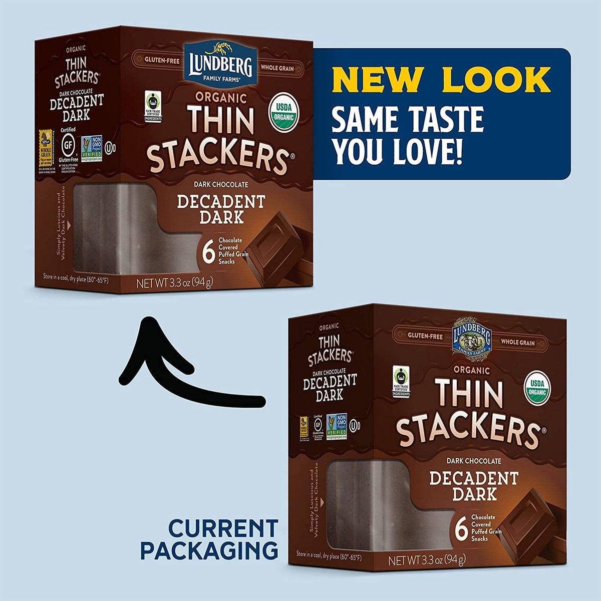 Lundberg Organic Thin Stackers six-pack with dark chocolate flavor, portable indulgence