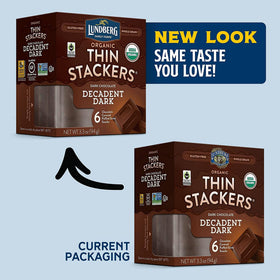 Lundberg Organic Thin Stackers six-pack with dark chocolate flavor, portable indulgence
