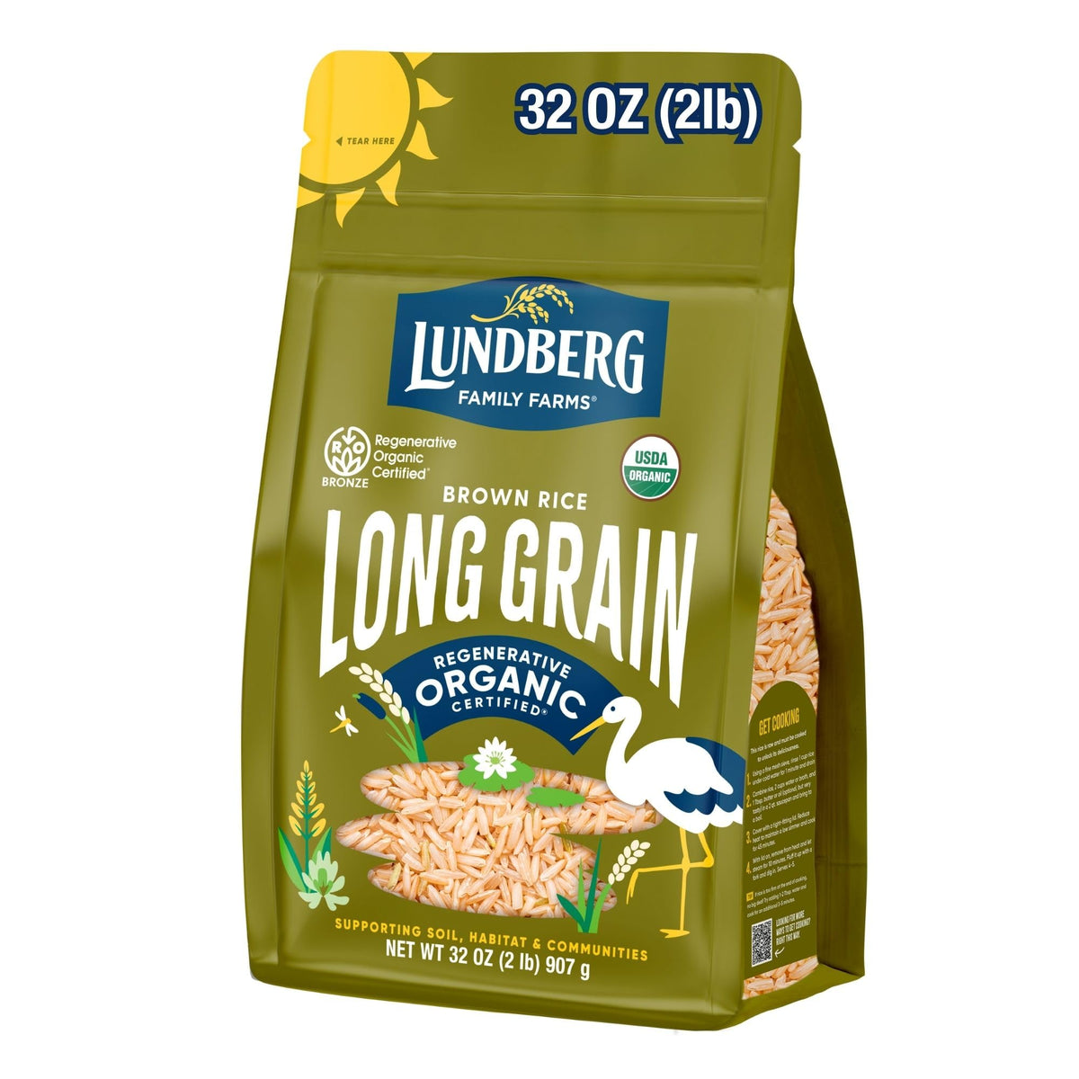 Lundberg regenerative organic brown rice long grain 32oz pack, a versatile gluten-free staple.