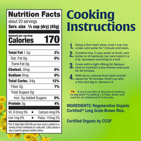 Lundberg regenerative organic brown rice long grain kitchen scene, showcasing sustainable farming benefits.