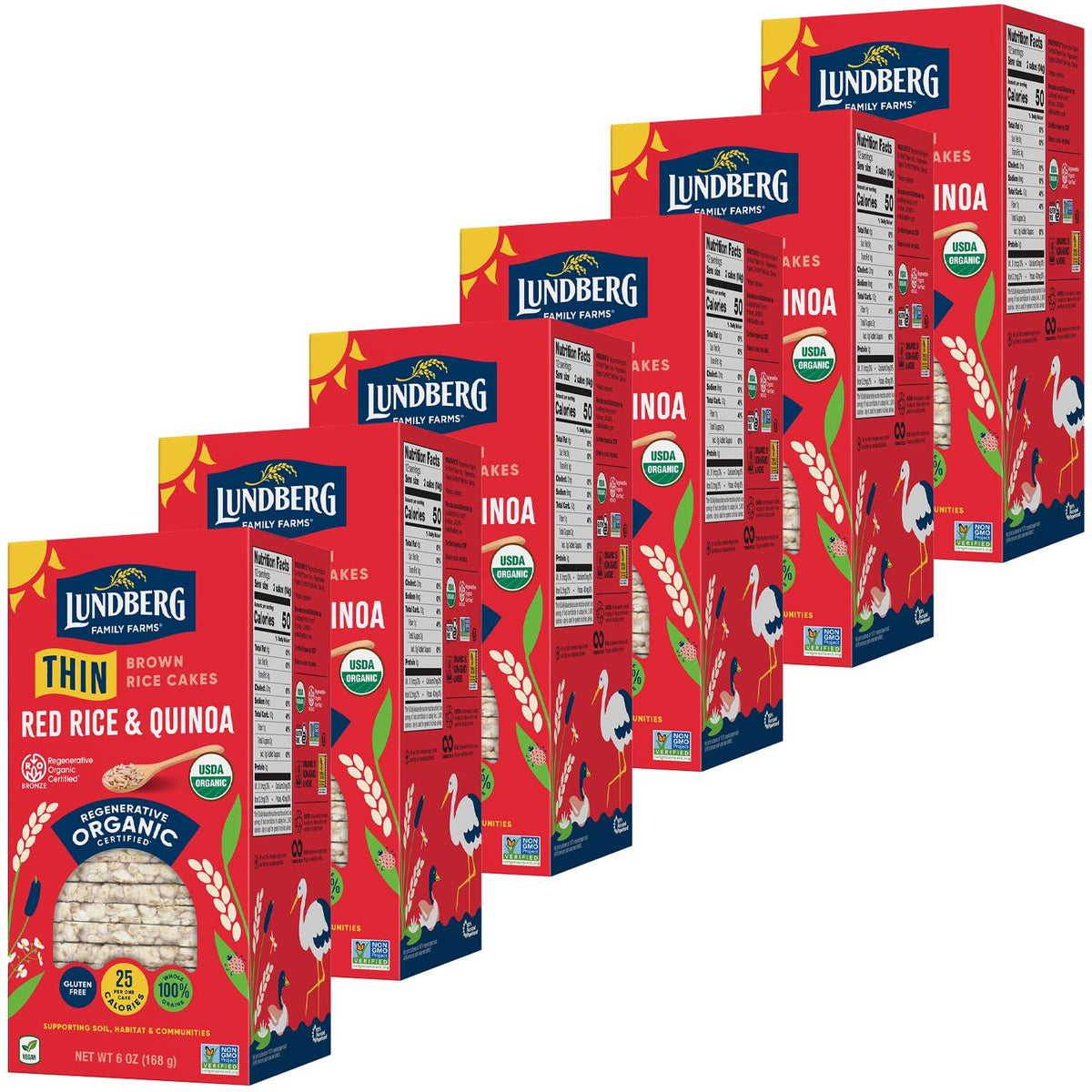 Lundberg Thin Brown Rice Cakes Red Rice & Quinoa pack shows gluten-free vegan snacking.