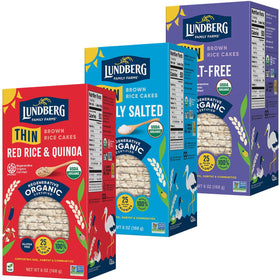 Lundberg Thin Brown Rice Cakes Variety Pack shows Regenerative Organic Certified rice for versatile snacking.