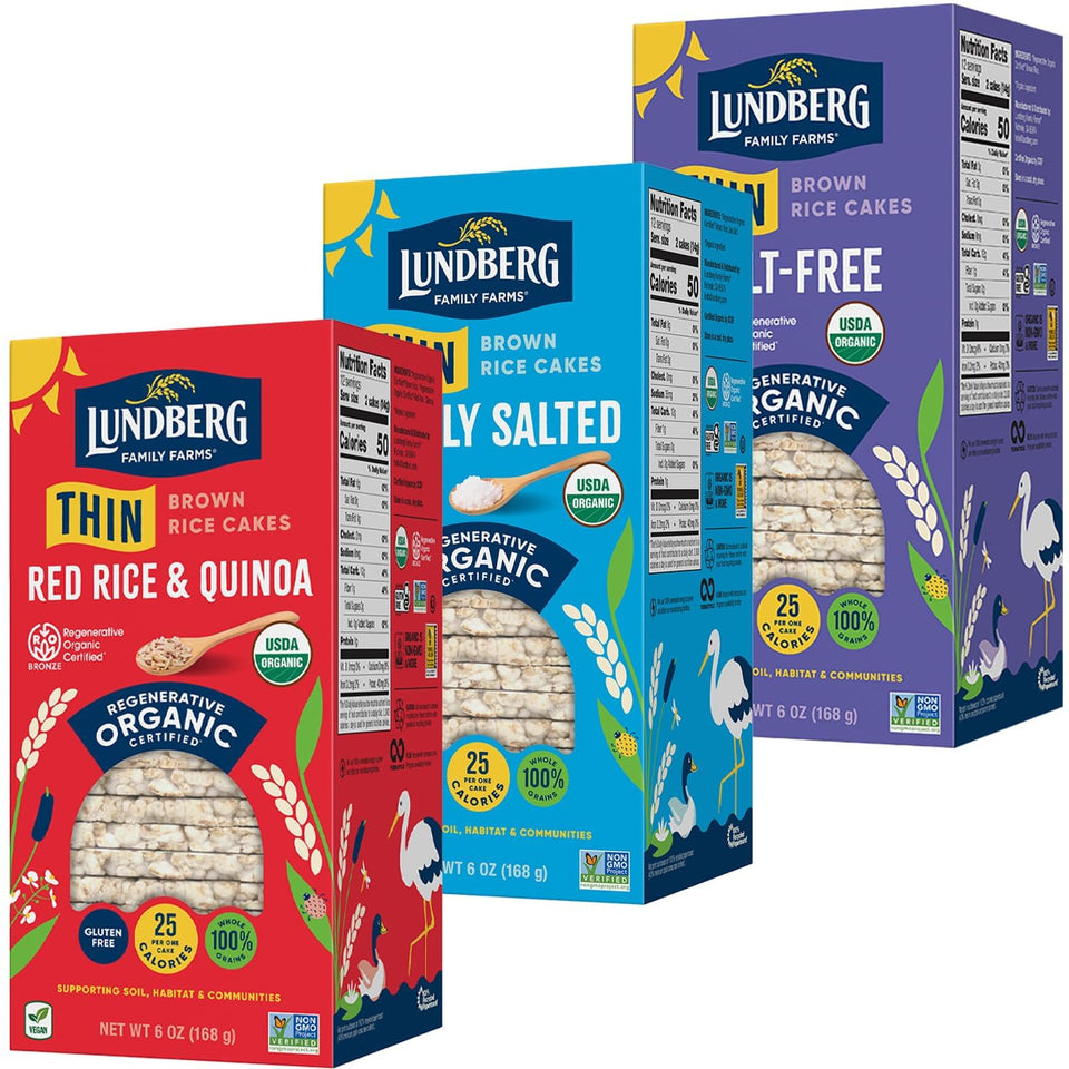 Lundberg Thin Brown Rice Cakes Variety Pack shows Regenerative Organic Certified rice for versatile snacking.