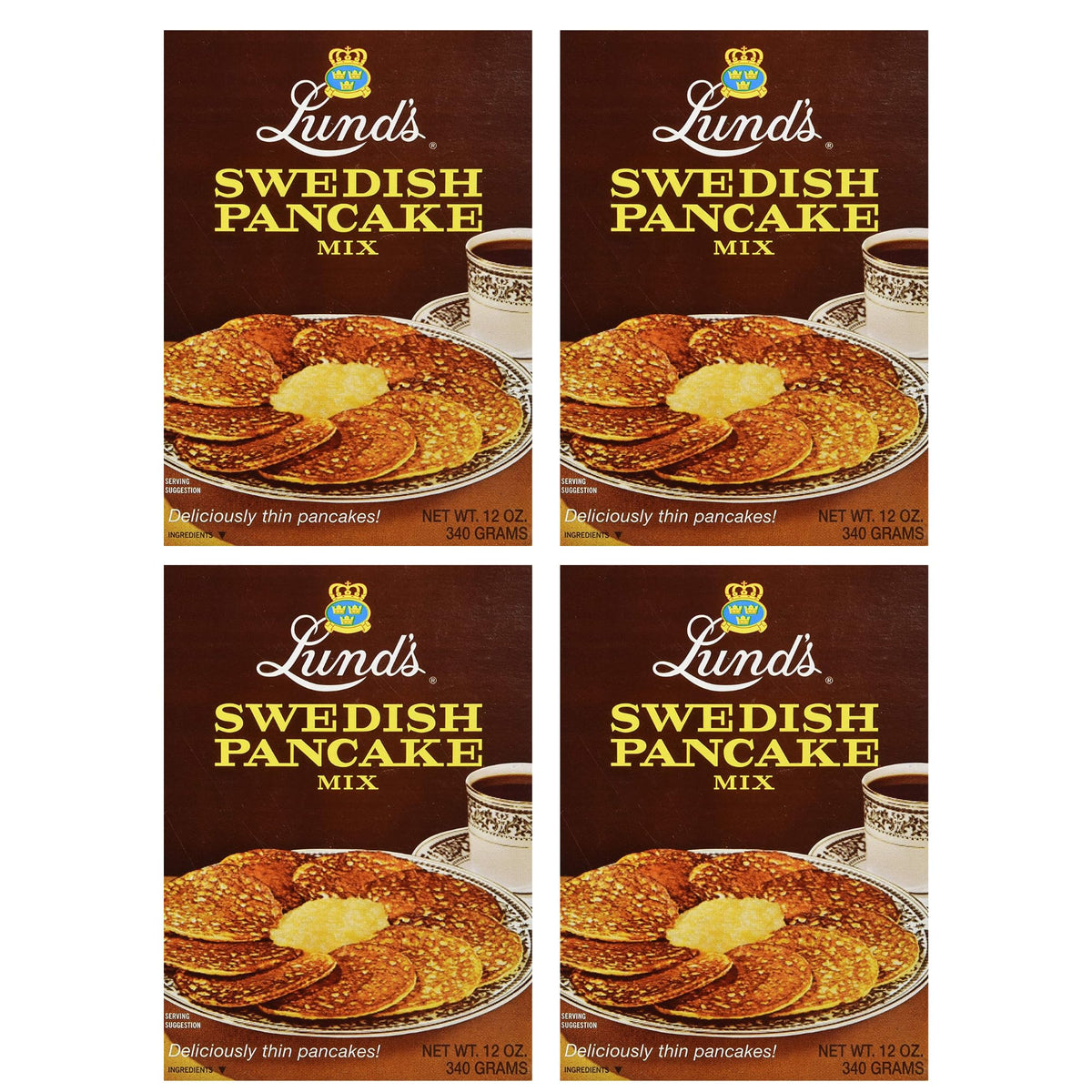 Lunds Swedish Pancake Mix pack shows four boxes for quick authentic breakfasts.