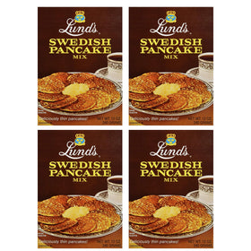 Lunds Swedish Pancake Mix pack shows four boxes for quick authentic breakfasts.