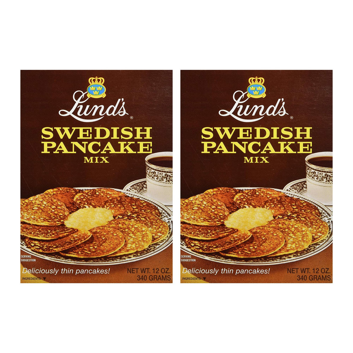 Lunds Swedish Pancake Mix packaging shows an authentic Scandinavian recipe.