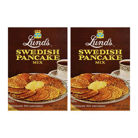 Lunds Swedish Pancake Mix packaging shows an authentic Scandinavian recipe.