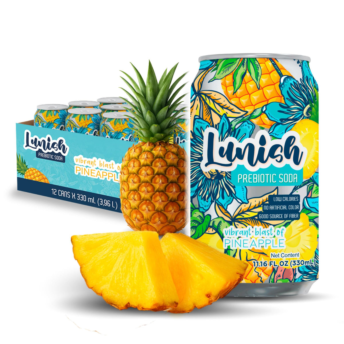 LUNISH Pineapple Prebiotic Soda can close-up, highlighting juicy flavor and 4g fiber