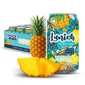 LUNISH Pineapple Prebiotic Soda can close-up, highlighting juicy flavor and 4g fiber