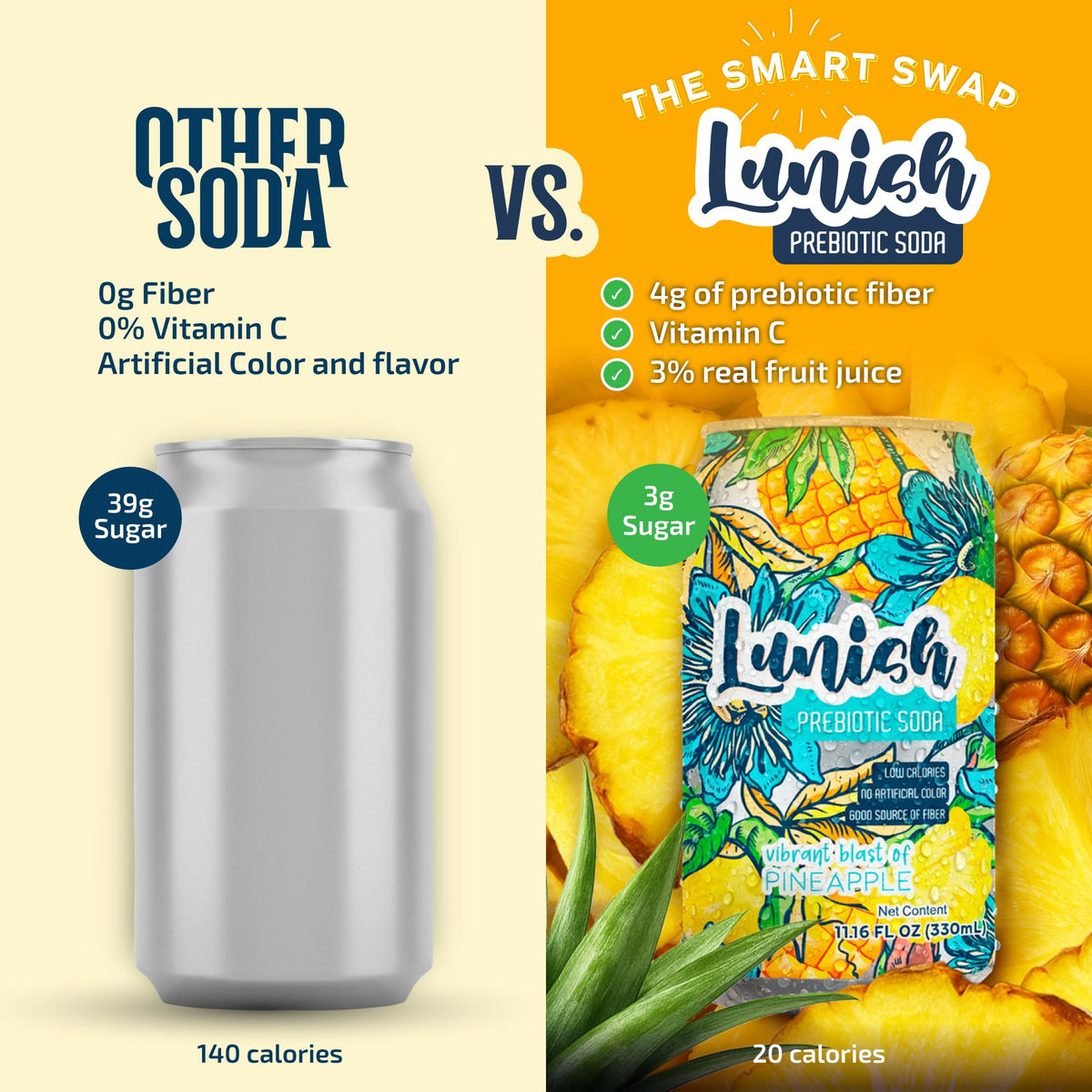 LUNISH Pineapple prebiotic soda being poured for a refreshing, low-sugar sip