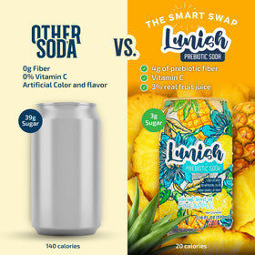LUNISH Pineapple prebiotic soda being poured for a refreshing, low-sugar sip