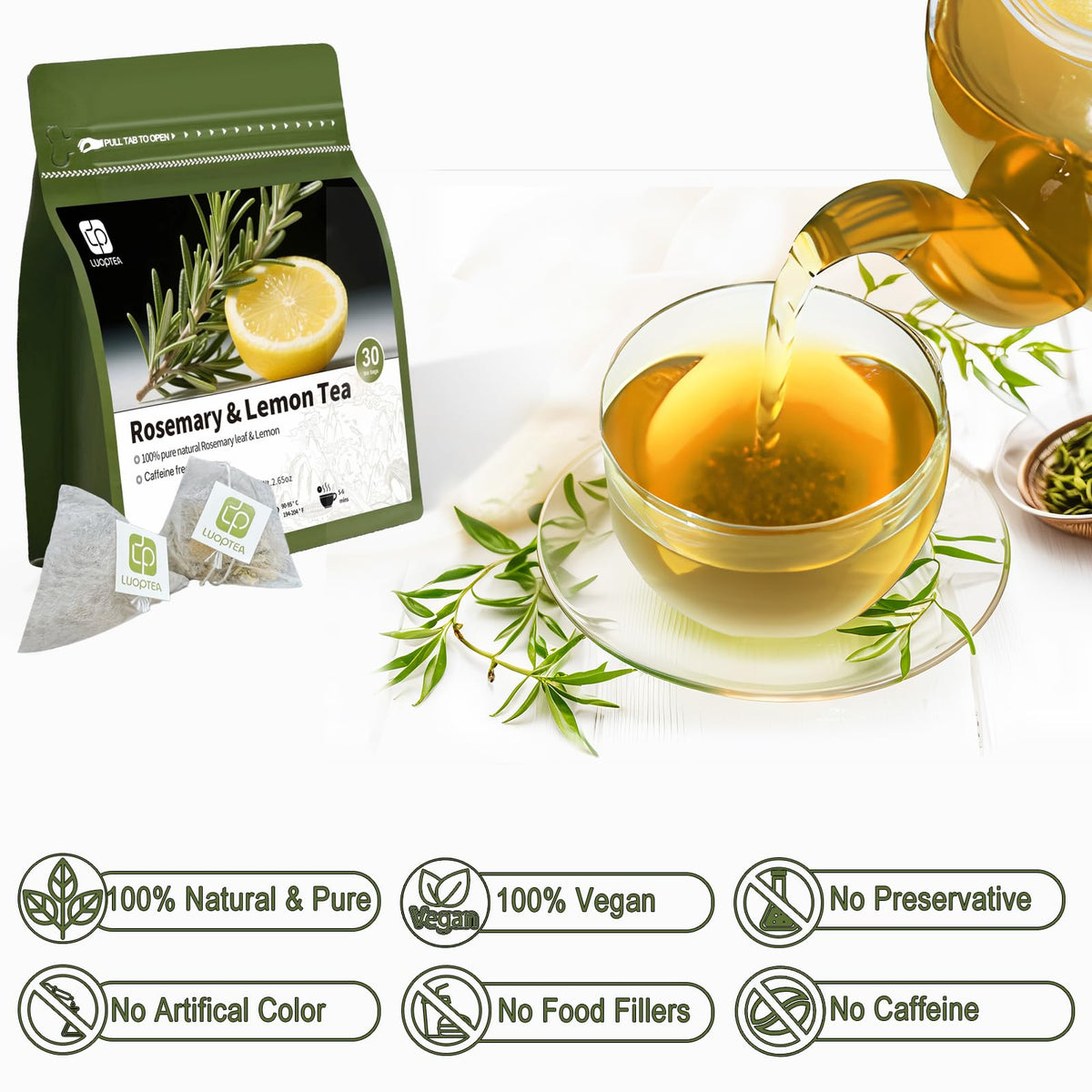 Luoptea steaming cup of herbal tea with inviting fragrance