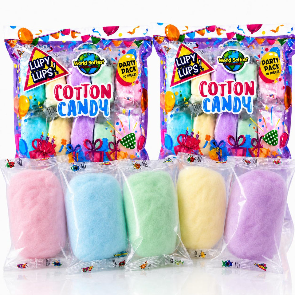 Lupy Lups! Cotton Candy 20-pack in colorful mini bags for party sharing.