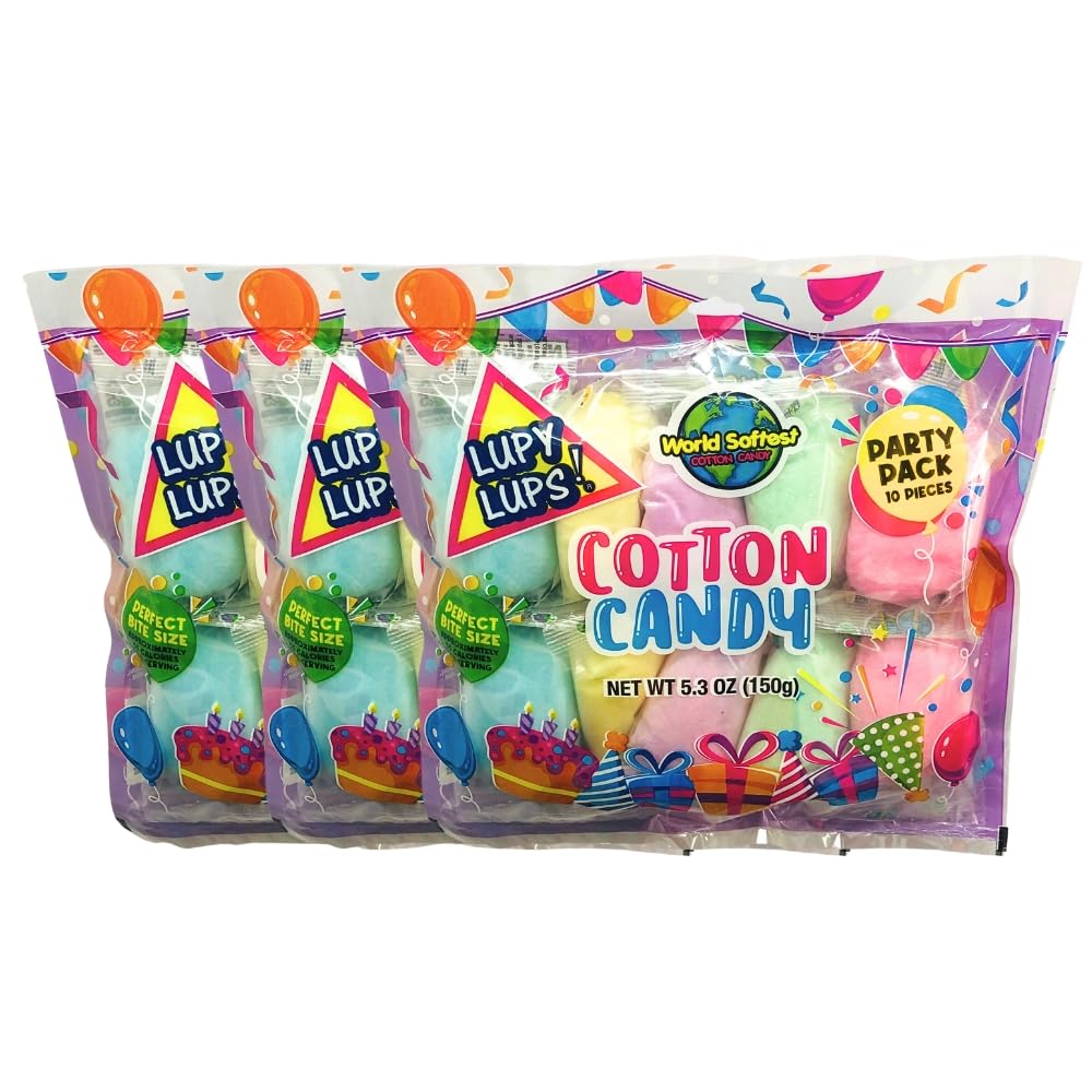 Lupy Lups! Cotton Candy mini bags, front view, ideal for quick party snacks.
