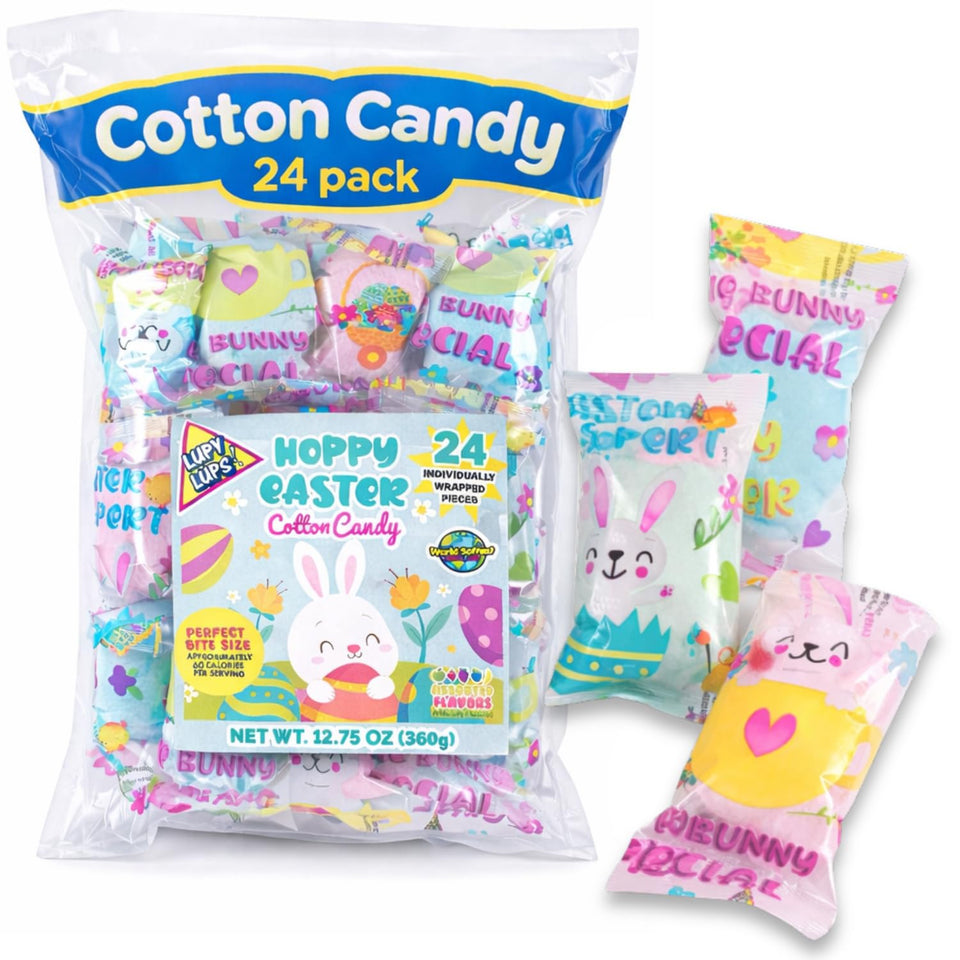 Lupy Lups Easter Cotton Candy 24 pack front view showing colorful flavors for spring events