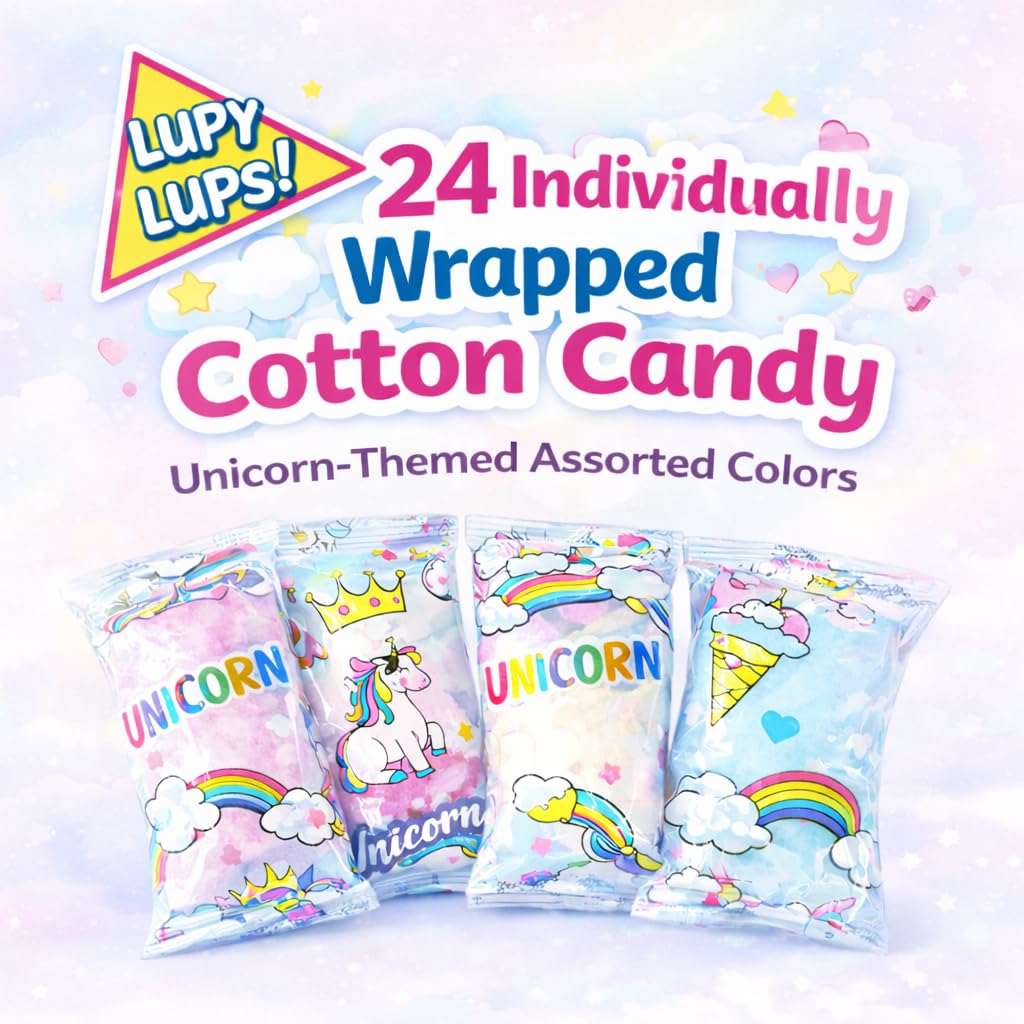 Lupy Lups unicorn packaging cotton candy emphasizes magical party favors and kid-friendly treats.