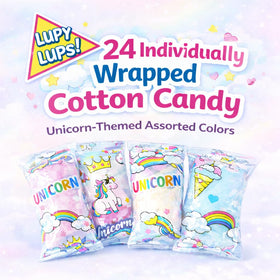 Lupy Lups unicorn packaging cotton candy emphasizes magical party favors and kid-friendly treats.