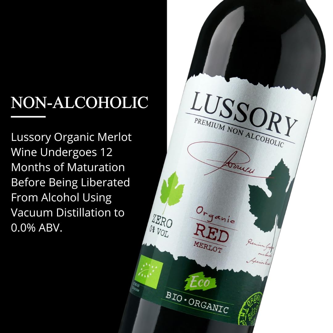 Lussory Organic Merlot Dealcoholized packaging box for eco-conscious organic wine lovers.
