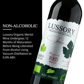 Lussory Organic Merlot Dealcoholized packaging box for eco-conscious organic wine lovers.
