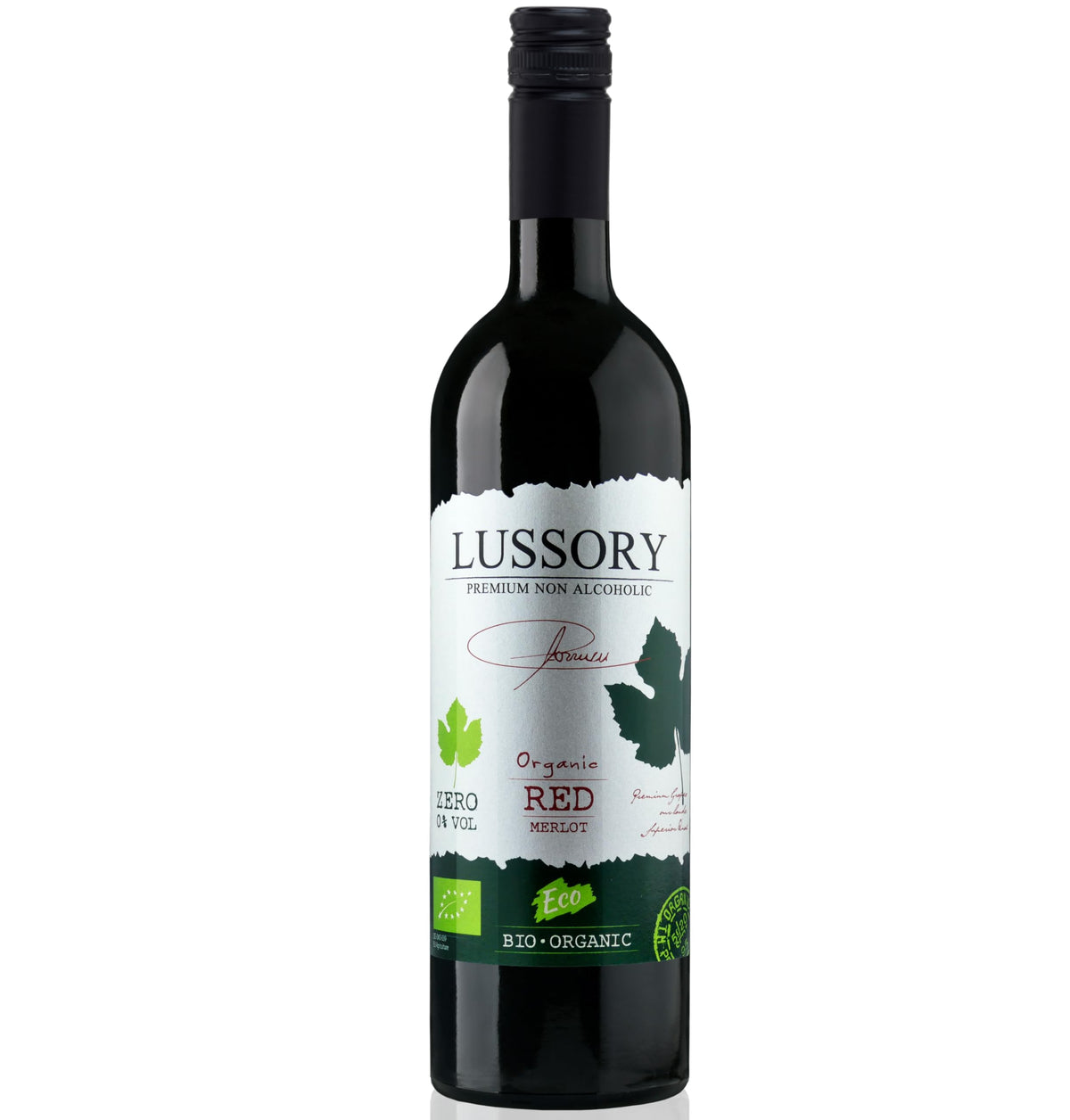 Lussory Organic Merlot Dealcoholized bottle front view, zero-alcohol wine option for mindful sipping.