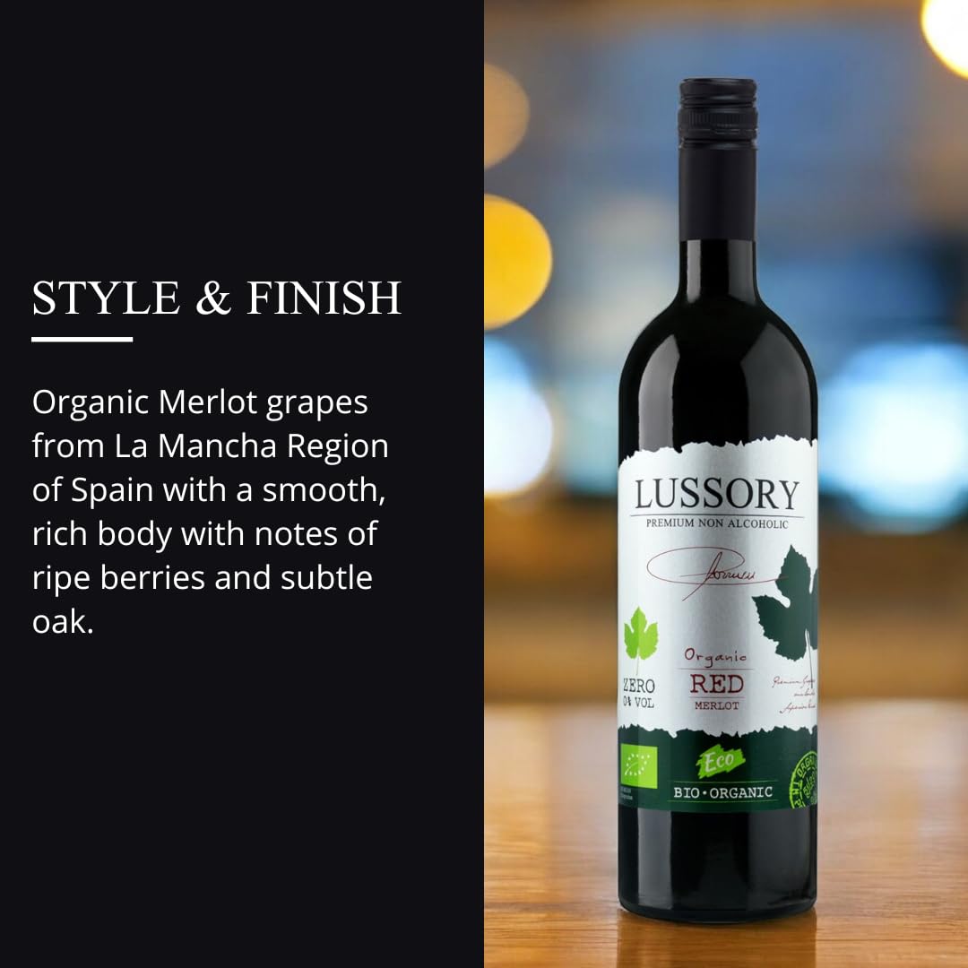 Lussory Organic Merlot Dealcoholized glass pouring highlighting berry aromas without alcohol.