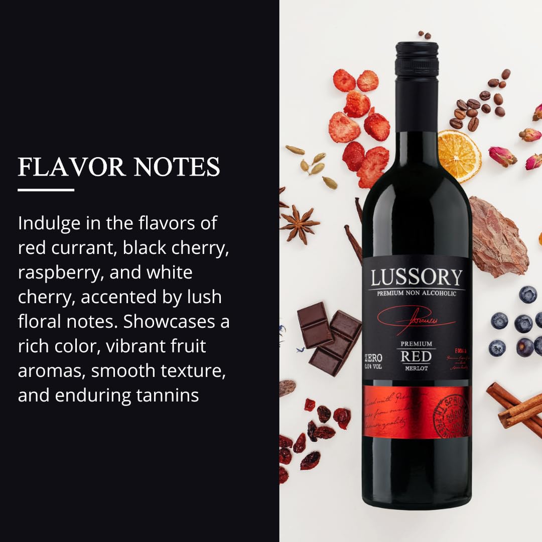Pouring Lussory Premium Merlot 0.0% offers a flavorful, non-alcoholic red wine experience.
