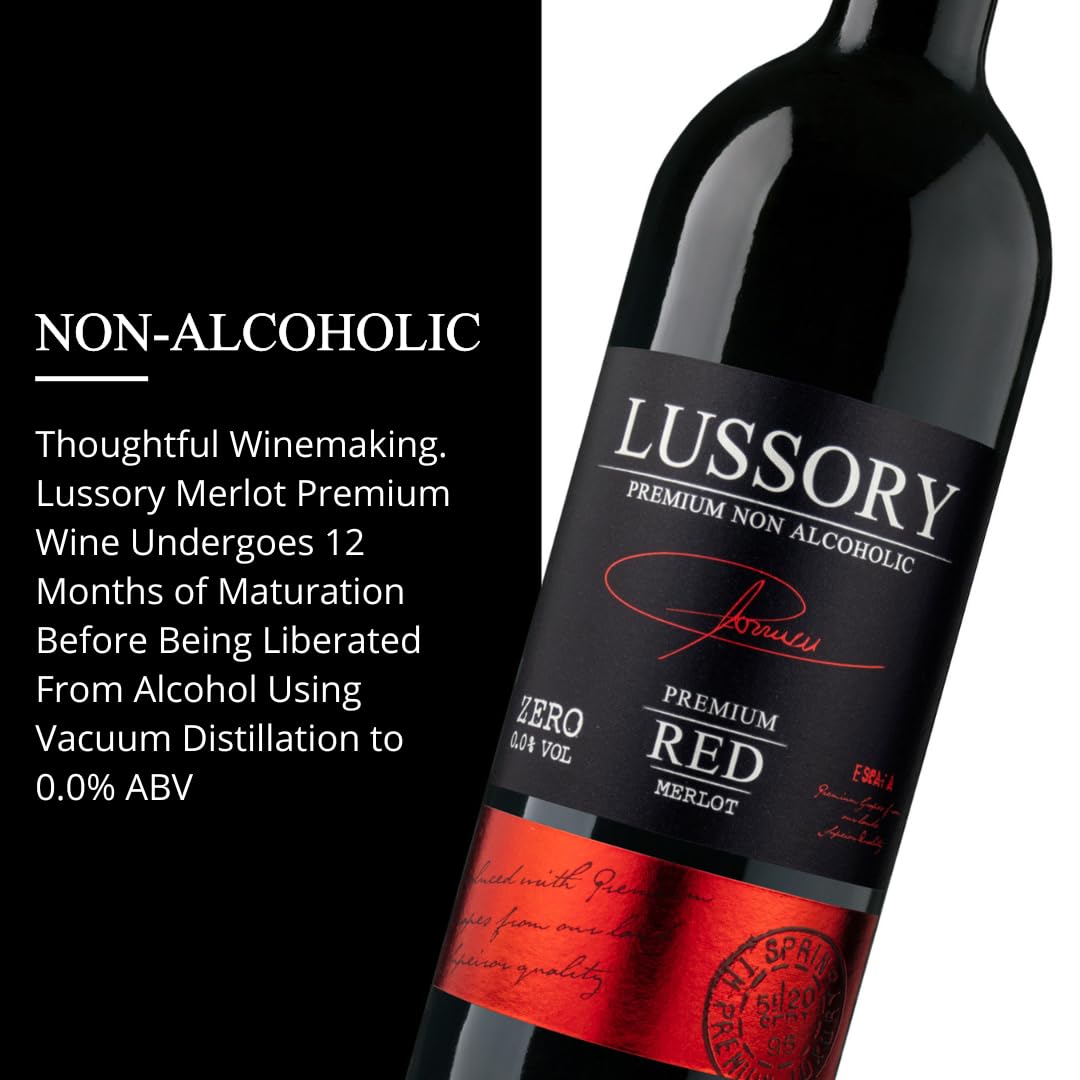 Lussory Premium Merlot label close-up, Spanish origin, crafted from Merlot grapes for refined aroma.