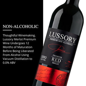 Lussory Premium Merlot label close-up, Spanish origin, crafted from Merlot grapes for refined aroma.
