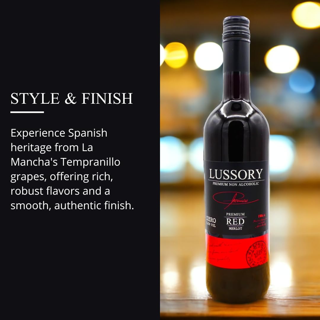 Lussory Premium Merlot 0.0% tasting notes highlight red currant and cherry flavors.