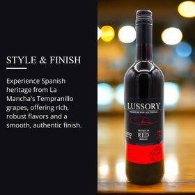 Lussory Premium Merlot 0.0% tasting notes highlight red currant and cherry flavors.