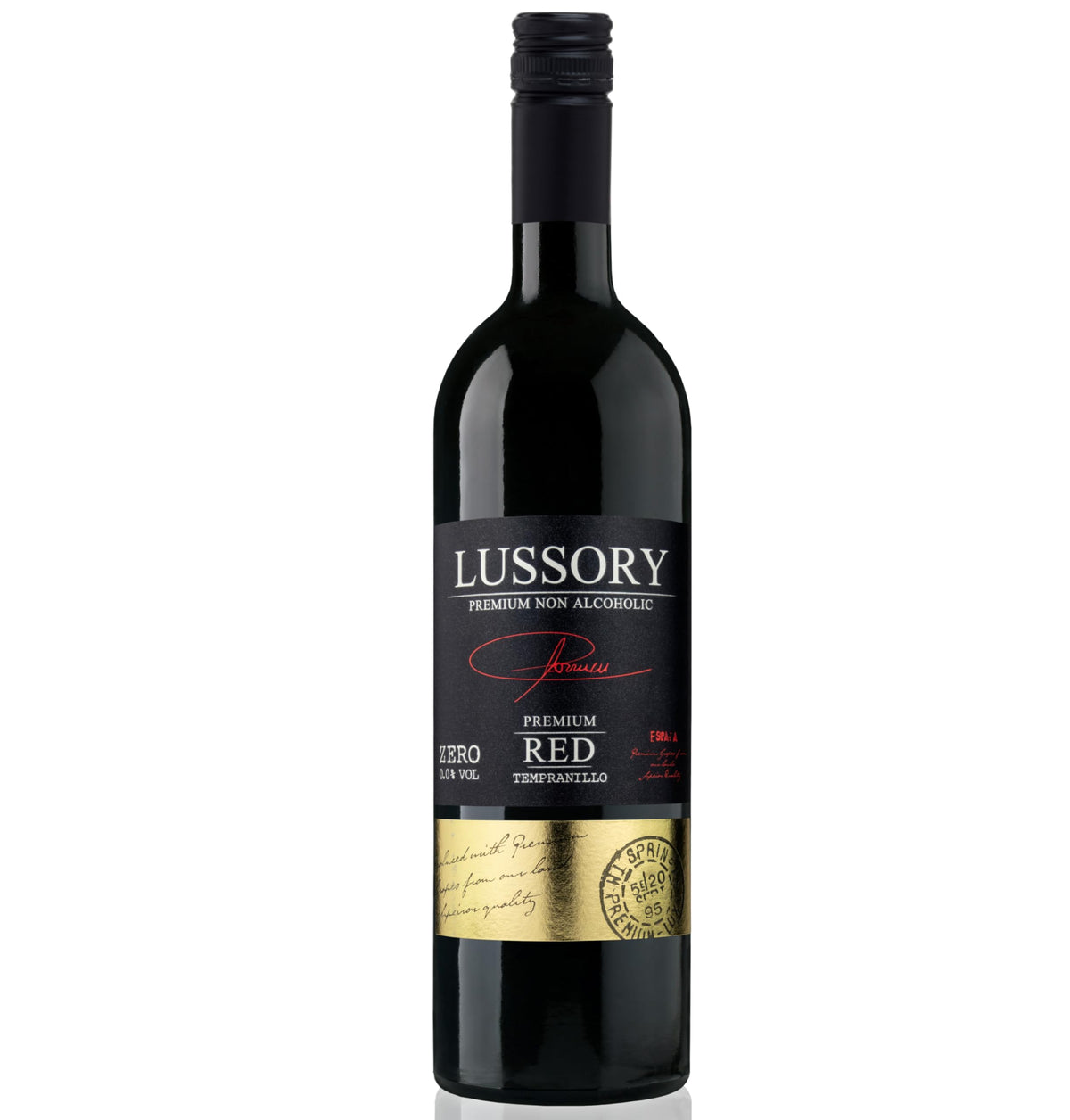 Lussory Tempranillo dealcoholized bottle with rich color and wine-like presence.