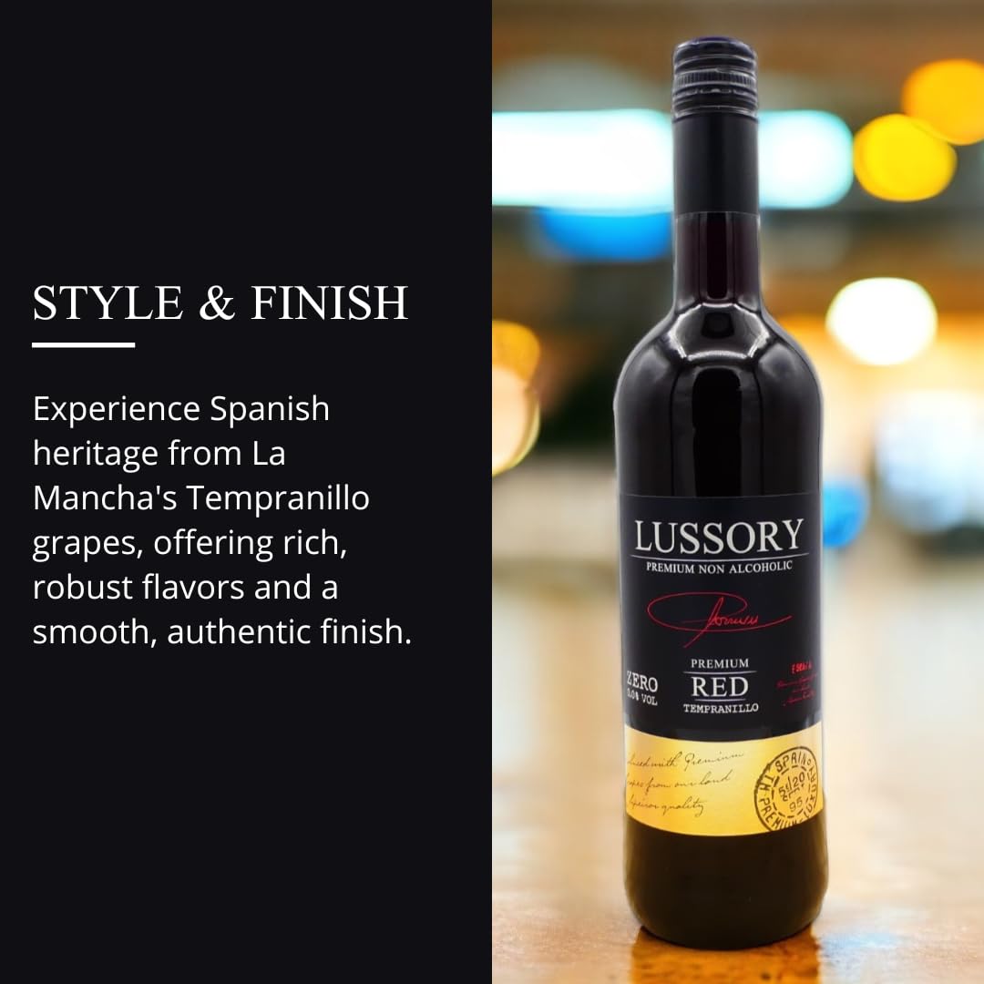 Lussory Tempranillo dealcoholized label close-up highlighting organic vegan credentials.