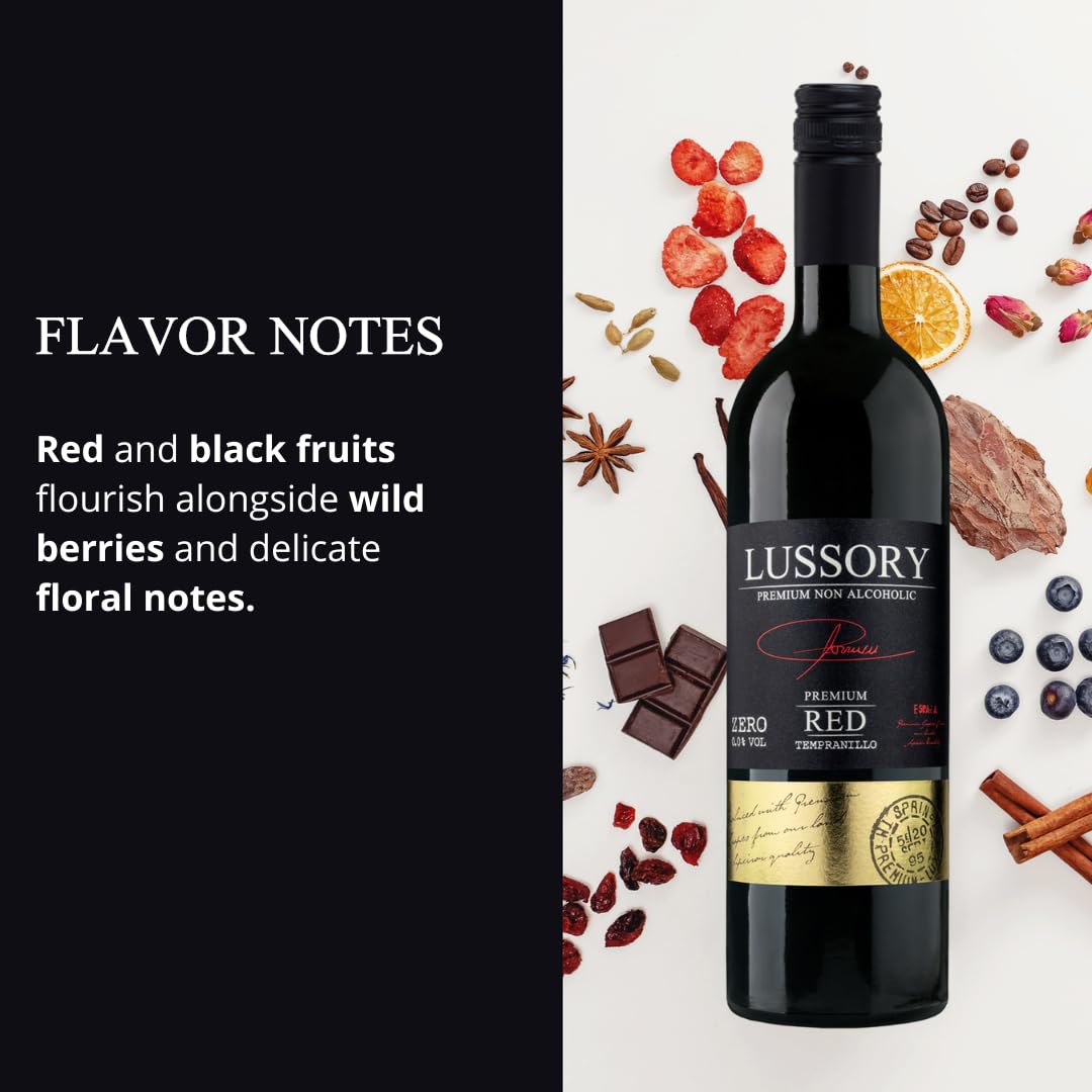 Lussory Tempranillo dealcoholized glass pours to reveal deep fruit notes.