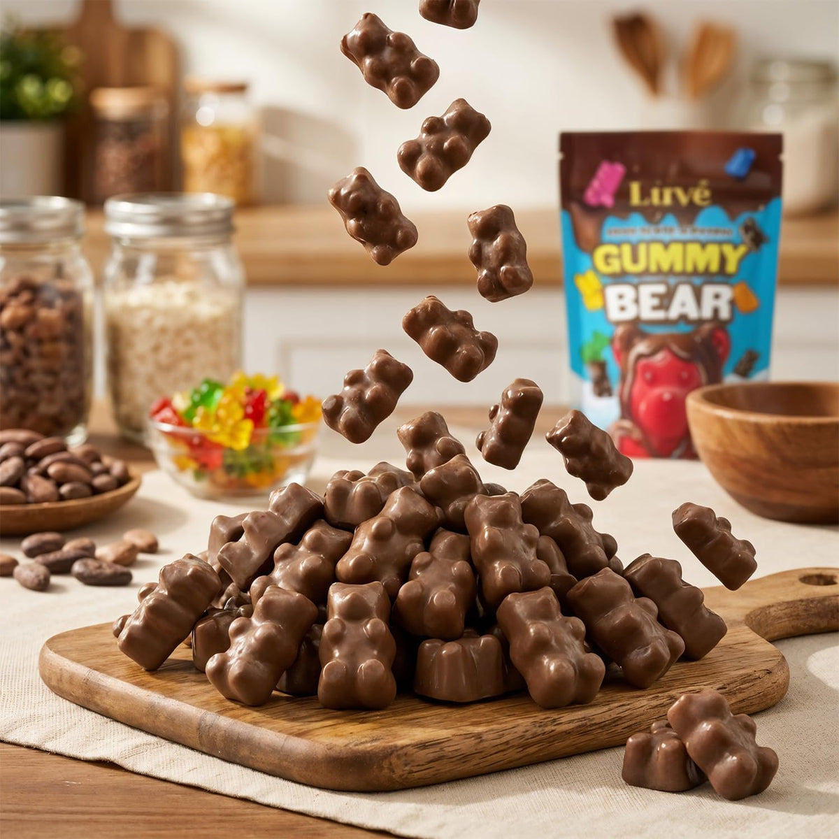 Luve gummy bears close-up showing smooth chocolate coating and fruity centers.
