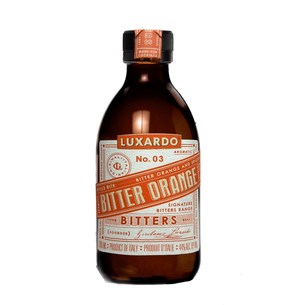 Luxardo Aromatic Infused Bitter Orange bitters bottle highlighting authentic citrus flavor